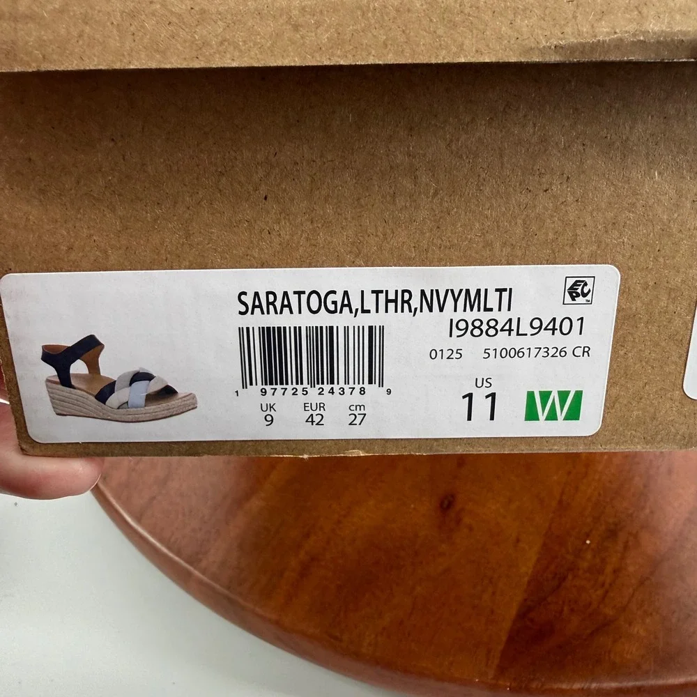 Vionic Saratoga Navy Multi Leather Espadrille Wedge Sandals Womens 11 Wide‎